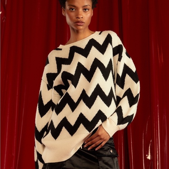 Cynthia Rowley Chunky Intarsia Black and White Chevron Sweater Cashmere Wool M - Picture 1 of 9